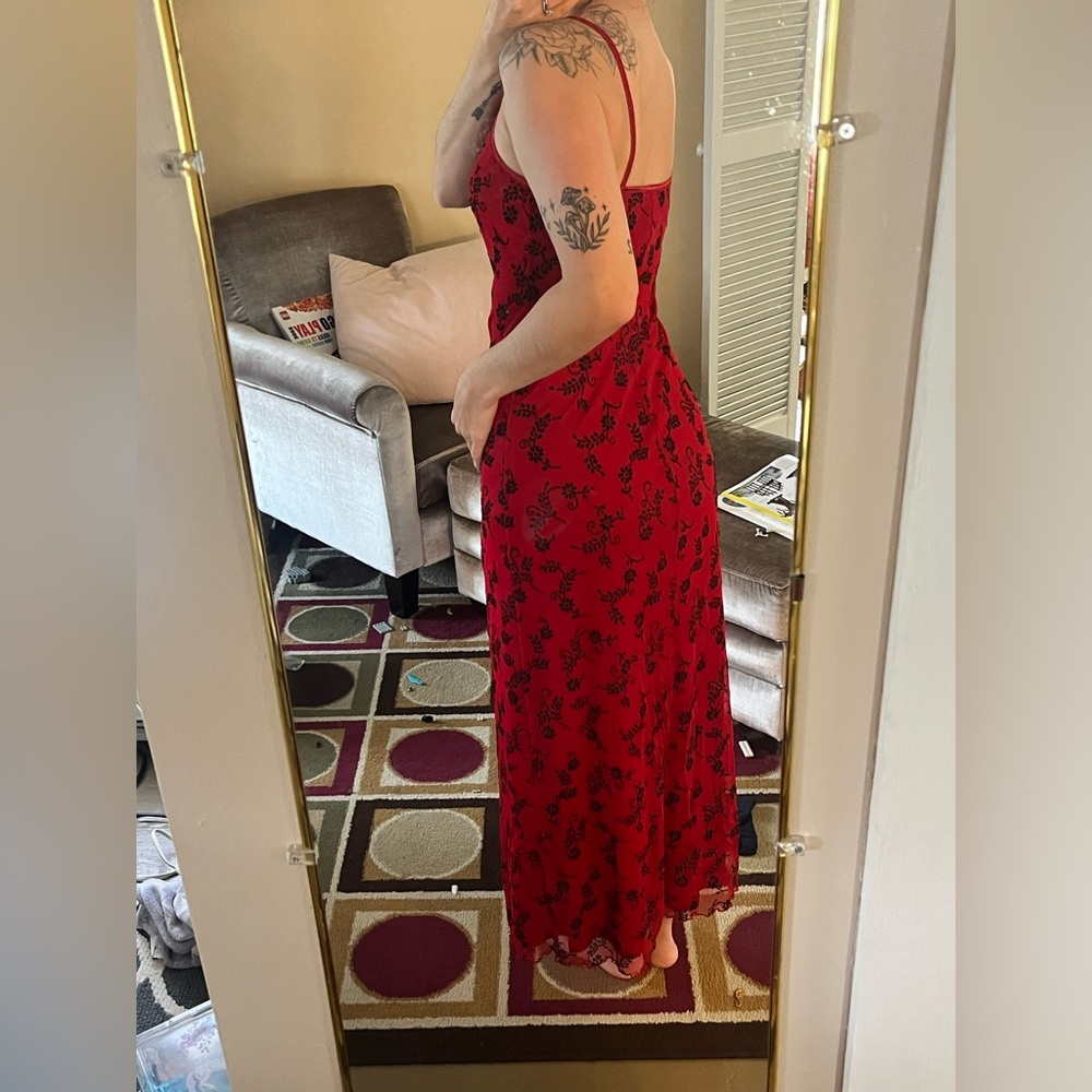 Vintage 90s Y2K City Triangles Red & Black Floral Mesh Maxi Dress - Small
